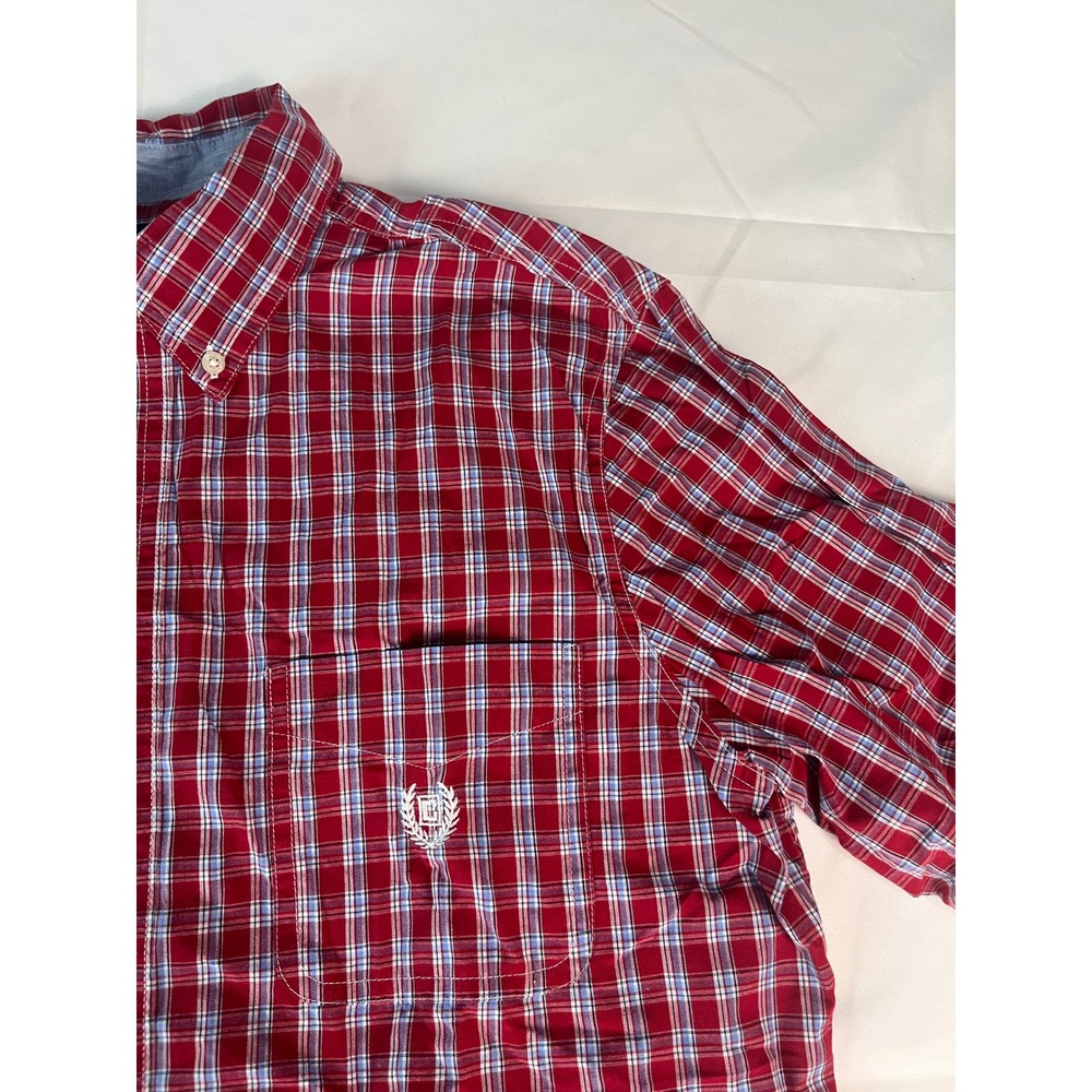 Chaps Men's Medium Plaid Short Sleeve Button‎ Down Shirt Red Blue